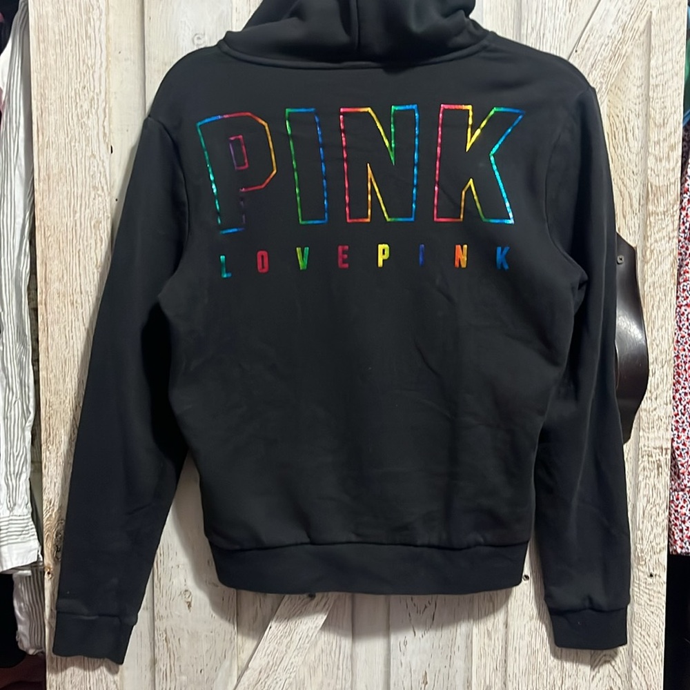 Pink Victoria's Secret Black Hoodie with Rainbow Logo